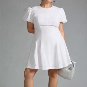 Anthropologie Maeve Puff Sleeve Pleated Fit & Flare Dress Short Sleeve XL‎ White